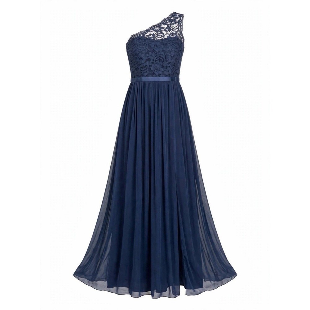 David's Bridal 8 Navy Blue One Shoulder Lace Chiffon Maxi Dress